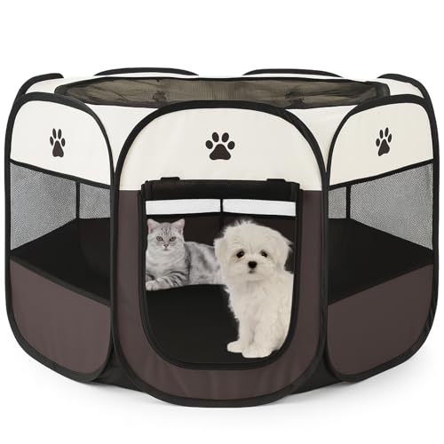風織商社 ペットサークル 折畳み 犬 サークル 室内 73*73*43cm 猫 サークル 大型 八角形 ドッグハウス ペットサークル 屋根付き アウトドア 防災 折り畳み 室内 屋外 キャンプ メッシュサークル 頑丈 ケージ 犬 サークル 出産室 大型犬 小型犬 猫 (ブラウン, M, 8)