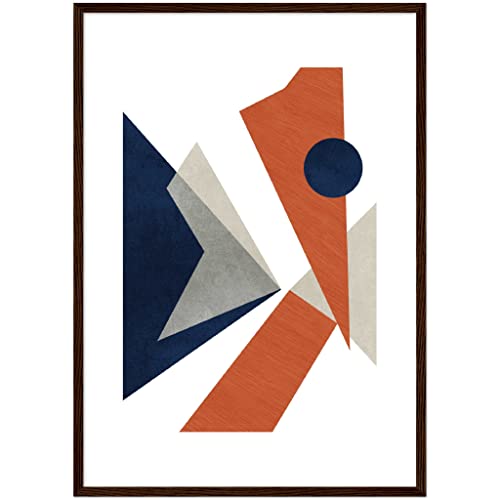 Art mural abstrait bleu clair géométrique encadré bois 50x70cm
