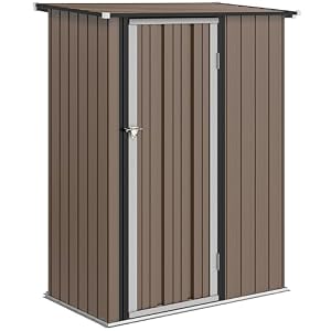 Outsunny Metall Gerätehaus 1, 07 m² 142 x 86 x 189 cm Geräteschuppen mit Pultdach Abschließbarer Tür, wetterfest Gartenhaus Outdoor Garten Schuppen für Hinterhof Außenbereich Braun