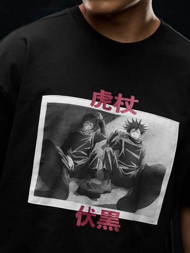 Image of The Souled Store Jujutsu Kaisen: Satoru Gojo Men and Boys Short Sleeves Round Neck Purple Graphic Printed Cotton Oversized Drop Shoulder Anime Streetwear Casual T-Shirts