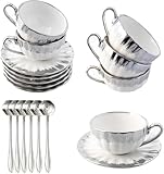 CHANJOON 6 Teacups Tea Tray Spoon Set, 6oz with Galvanized Gold Rim and Gift Box, Ceramic White English Coffee Teacup (silver, Large)