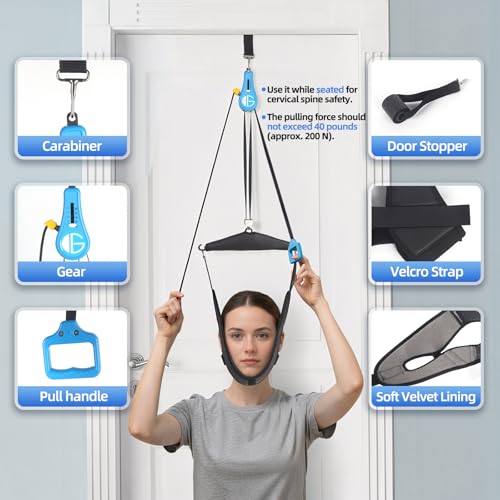 Image of glitz Upgraded Neck Stretcher & Cervical Traction Device with Ratchet System - 50-200N Adjustable Over-Door Traction for Pain Relief & Spinal Decompression, Force-Limited Easy-Release Pull Cord