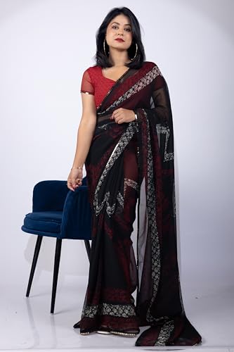Image of MIRCHI FASHION Women Sari Georgette Chevron Printed | Modern Pattern Farewell and Festive Drape with Matching Blouse Piece