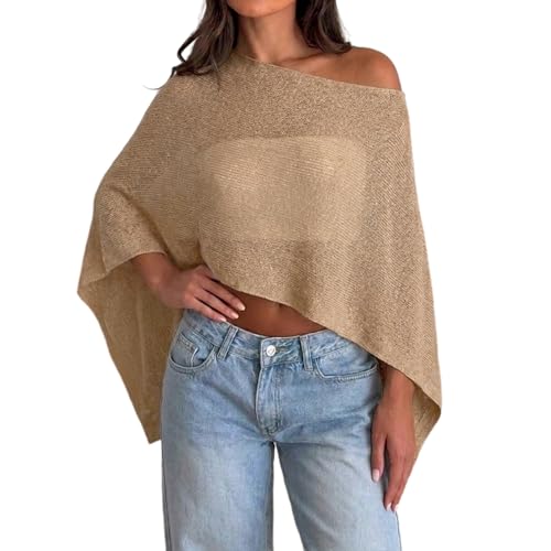 Womens Sheer Poncho Top Y2k Knitted Summer Asymmetrical Mesh Shawl Pullover Sweater Cover Up Tops (US Alpha One Size Regular Regular Light Brown)