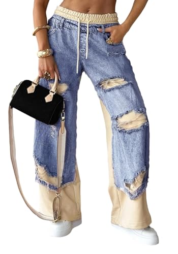 LETSVDO Womens Baggy Patchwork Jeans Wide Leg Drawstring Elastic Waist Ripped Y2k Stretchy Denim Pants Sweatpants