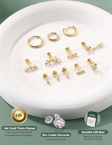 JeryWe 16G Cartilage Earrings for Women Flat Back Earrings Hypoallergenic Surgical Steel Small Flatback Stud Hoop Cartilage Earring Stacks Helix Conch Tragus Daith Piercing Jewelry 12 PCS(Single) 5