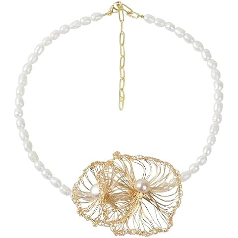 ELEXIS 18K Gold Handmade Flower Pearl Necklace For Women Dainty Simple Pendant Natural Real Freshwater Pearl Jewelry Wedding Trendy Charm Wifey Mother Birthday Gifts Bridesmaid Hanging Jewelry Cover