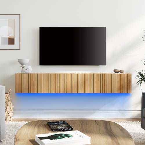 WAMPAT LED Fluted Floating TV Stand, Wall Mounted Entertainment Center