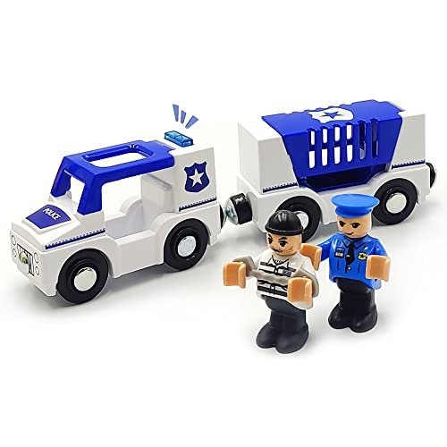 Wooden Train Cars Track Accessories Set Police Car with Light and Sound Small Vehicles Magnetic Train Cars Fit for Wooden Train Track Railway for Boys and Girls (Police Car(with Light and Sound)) - Thumbnail 2