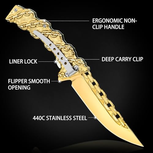 NedFoss CHAIN Pocket Knife, Mothers Day Christmas Gifts for Mom Dad Wife Husband, 3.5 inch Folding Knives, Cool knives with 3D Pattern Handle, Personalized Pocket Knife Gifts For Men Women (Gold)