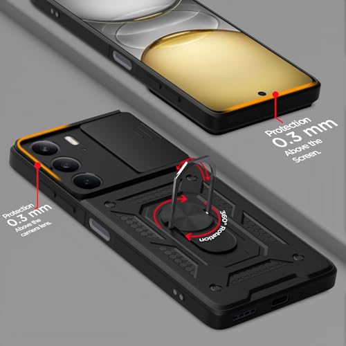 Image of Pikkme Back Cover for Realme C75 | D10 Tough Armor | 360 Protection Case | Sliding Camera Shield Cover & Ring Holder Stand Bumper Case (Black)