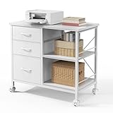 DUMOS 3-Tier Mobile File Cabinet, Printer Stand with Storage, Office Table with Drawers and Back Support Bar, Holds 110lb for Home Office, Rustic White