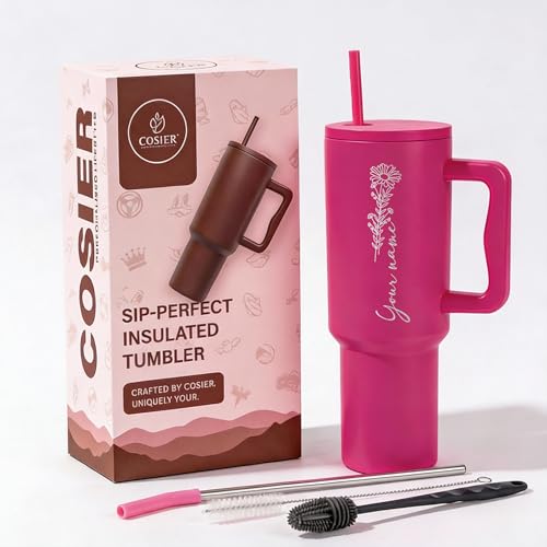 Image of Personalised 1200ml Insulated Stainless Steel Tumbler with Handle and Straw Lid - Large Travel Mug for Coffee & Water, Double Wall Vacuum Cup, Car Cupholder Friendly (Hot Pink)