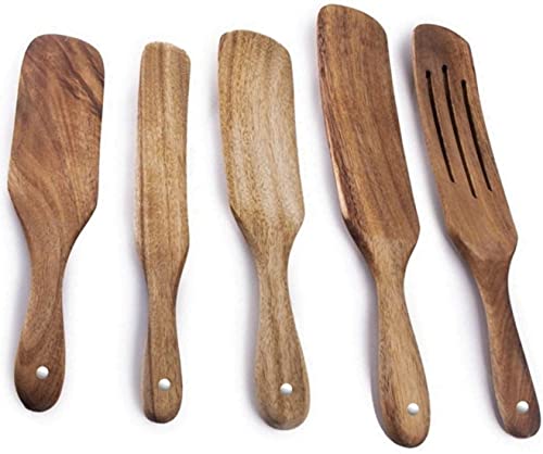 AONE Spurtles Kitchen Tools As Seen on TV 5 Psc - Acacia Wooden Spurtle Set, Durable Non Stick Eco Friendly Slotted Spatula for Stirring Mixing, Heat Resistant Light Weight Non Stick Wood Cookware