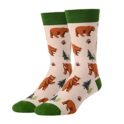 HAPPYPOP Funny Bear Gifts for Bear Lovers, Novelty Bear Socks with Trees and Bear Paws Men Crazy Animal Socks