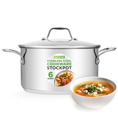Nutrichef 6-Quart Stainless Steel Stockpot – 18/8 Food Grade Heavy-Duty Induction-Compatible Pot With See-Through Lid, Ideal For Stews, Broths, Simmering & Soups, Dishwasher Safe – Ncsp6