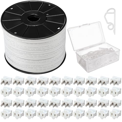 Yoojahow 141 Pcs 500FT SPT-1 Electrical Wire with Female and Male Plugs and Light Clips Weatherproof 18AWG 2-Conductor Wire for Indoor Outdoor Light String Lamp Cord Holiday Party Supplies White