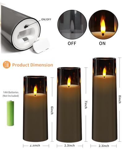 Flickering Flameless Candles Battery Operated with Remote and 2/4/6/8 H Timer Plexiglass Led Pillar Candles Pack of 9 (D2.3 xH 6" 7" 8") with Realistic Moving Wick Candles for Home Decor(Grey)
