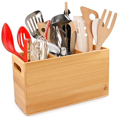 SAUNNIHEN Grande Bambú Soporte Utensilios Cocina, Robusto Bote Utensilios Cocina con 3 Compartimentos, Bandeja Extraíble para Ajustar el Espacio y 2 asas Laterales para Facilitar la Movilidad