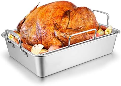 Large Turkey Roasting Pan with Rack, Joyfair 15.3 Inch Stainless Steel Chicken Roaster Pan and V-rack for Oven, Rectangular Bakeware with Sturdy Handles, Heavy Duty & Dishwasher Safe, 2 Pieces