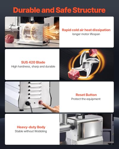 Image of VEVOR Commercial Meat Grinder, 21 Lbs /Min Capacity, #32 Electric Meat Mincer with 3 Plates, 3 Sausage Stuff Tubes, 1100W /1.5HP Stainless Steel Sausage Maker for Home Kitchens & Restaurants, ETL Listed