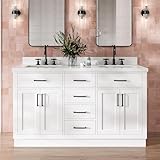DKB Isabella 60' White Double Bathroom Vanity with Sink, 1.5' Edge Pure White Quartz Countertop, Rectangular Sinks, 4 Soft Closing Doors, 4 Full Extension Dovetail Drawers