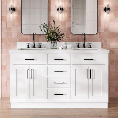 DKB Isabella 60" White Double Bathroom Vanity with Sink, 1.5" Edge Pure White Quartz Countertop, Rectangular Sinks, 4 Soft Closing Doors, 4 Full Extension Dovetail Drawers