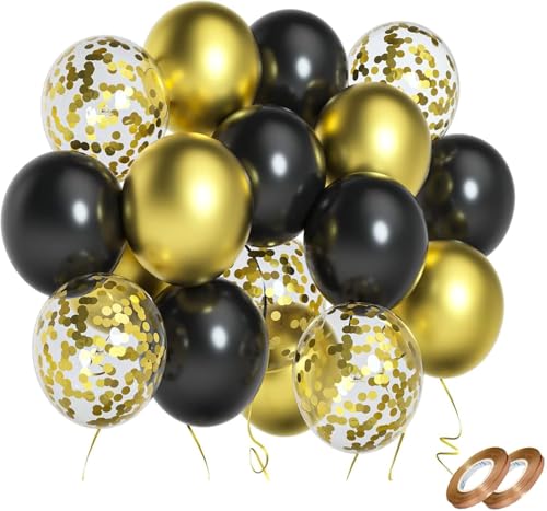Image of Black and Gold Balloons, 12 Inches 60 Pieces Black Balloon Metallic Chrome Gold Confetti Balloon for Birthday, New Year, Graduation Party