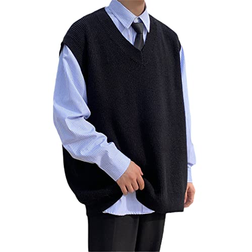 Chaleco casual de hombre para streetwear con cuello en V de color sólido negro holgado