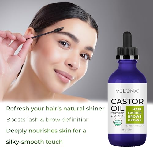 velona USDA Certified Organic Castor Oil - 2 fl oz | Stimulate Growth Eyelashes, Eyebrows, Hair | Cold pressed, Natural Oil, USP Grade | Hexane Free, Lash Boost Serum, Caster | Starter Kit…