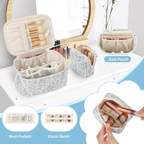 OCHEAL Makeup Bag Set, Portable Travel Makeup Bags Cosmetic Organizer Bag for Women Cute Floral Cosmetic Pouch Large Capacity Make up Bag Toiletry Bags with Divider and Handle-Floral3