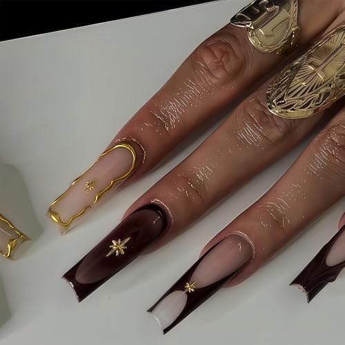 Goiern Uñas Postizas Cuadradas Extra Largas Marrones Francesas con Colgantes Dorados XL Acrílicas para Presionar Y Pegar para Mujeres 24