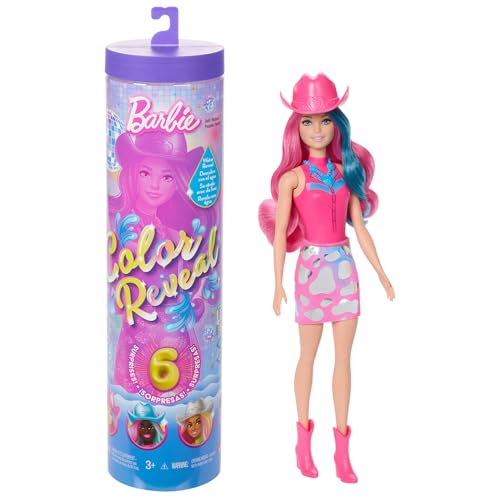 Barbie Color Reveal Colección Estrella de la disco Muñeca y accesorios con 6 sorpresas, brillo metálico y corpiño con cambio de color (los estilos pueden variar), JCP01