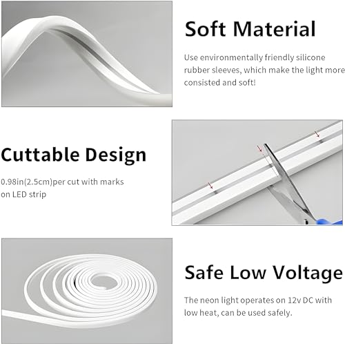 Image of 16.4 Feet LED Neon Strip Light | 12V Adapter, Waterproof IP65, Silicone Flexible Rope Light for Home Wall Decor & Gaming Room| Led Strip Lights | Neon Lights 5 Meter | (White)