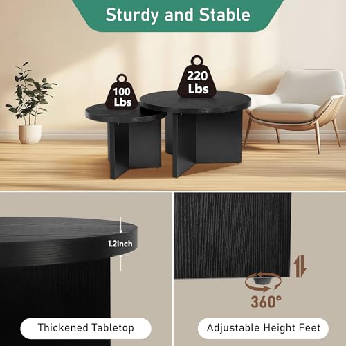 QuicMiou Farmhouse Round Coffee Table Set of 2, Modern Living Room Coffee Table Set, Wooden Nesting Tables for Living Room, Easy Assembly (Black)