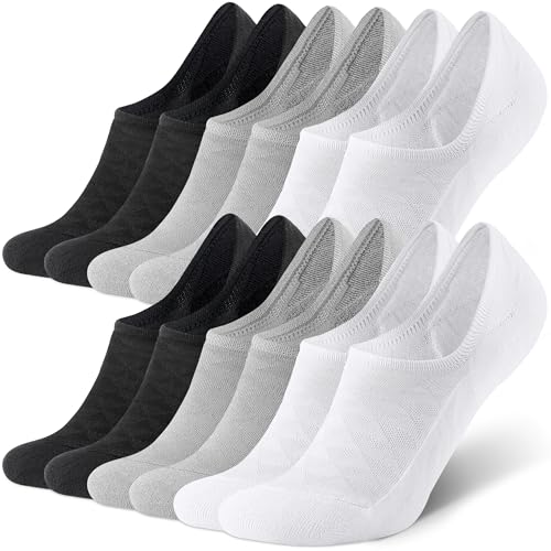 CS CELERSPORT Men No Show Socks with Cushion Low Cut Invisible Non Slip Socks (6 Pairs), Large, Black+White+Grey