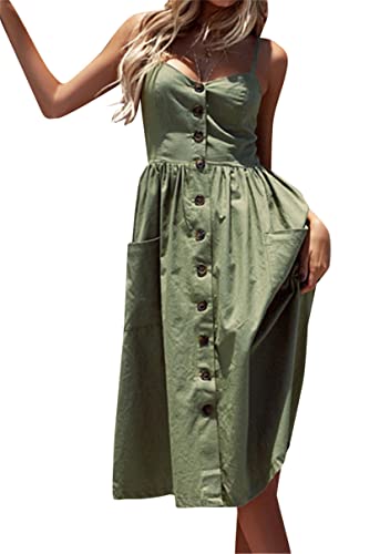 Image of YMING Womens Summer Spaghetti Strap Dresses Button Down Floral Sundress High Waist Swing Midi Dress with Pockets