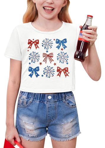 Image of BesserBay Kids Girls 4th of July Crop Tops American Flag Red White Blue Patriotic Bows USA Flag T-Shirts 6-14 Years