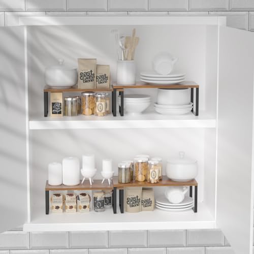 LIANTRAL Organizer do szafek kuchennych, regał do przechowywania, Półki kuchenne, metalu i bambus, Zestaw 4 sztuki, rozszerzalny i można układać w stos, na szafkę, blat, Rustykalny Brązowy