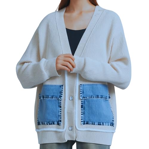 Image of FindThy Women's Casual Button Up Cardigan Oversized Long Sleeve Jean Patchwork Sweater Cardigans