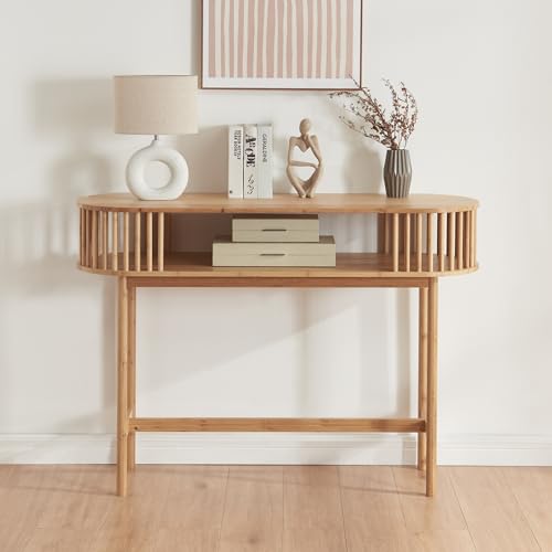 [en.casa] Mueble Recibidor en Forma Ovalada Versátil Consola Mesa de Entrada con Estante Estable Diseño Atractivo con Barras Verticales Bambú 120x39x85 cm - Natural