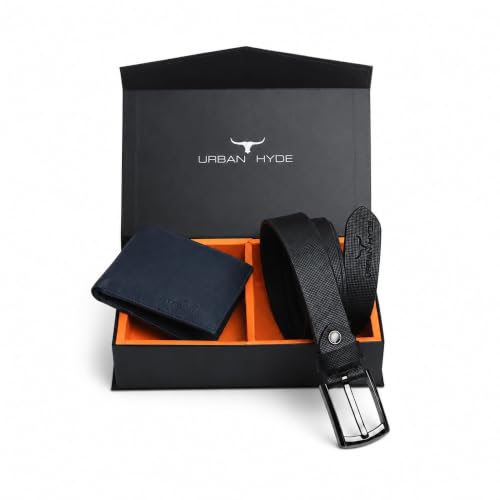 Image of URBAN HYDE Premium Leather Wallet and Belt Combo for Men | Genuine Leather Belt & Wallet Gift Set | Stylish Men's Gift Combo for Birthday, Anniversary, Office & Daily Use | Black