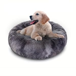 Dog Bed Cozy Round Gray Pet Bed Soft and Plush Long Fur Dog and Cat Mattress for Warmth and Comfort For 10-20KG (M(60CM))