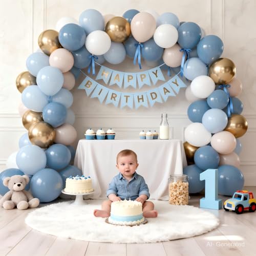 Image of Dusty Blue and Gold Balloons, Light Blue White Sand, Latex, Party Decor | 50 Pcs 12 In, Dusty Blue Gold Balloons, for Gender Reveal Birthday Graduations Weddings Bridal Shower Party Decorations