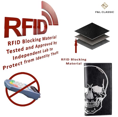 Image of F&L CLASSIC Men's RFID Vintage Look Genuine Leather Long Bifold Wallet Checkbook Wallets,black skull,240-50