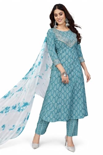 Image of Vbuyz Women's Cotton Printed A-Line Regular Fit Kurta Pant with Dupatta