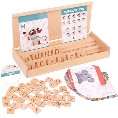 MONTINATUR Montessori Holzspielzeug ab 3 Jahren 3-in-1 Lernbox aus Holz: Buchstaben Lesen Lernen Zahlen & Rechnen Lernspielzeug Kinder Geschenk zur Einschulung & Vorschule
