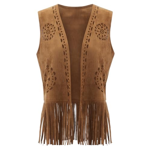 Women Fringe Vest 70s Hippie Faux Suede Rivets Sleeveless Tassel Waistcoat Boho Western Jacket Cardigan