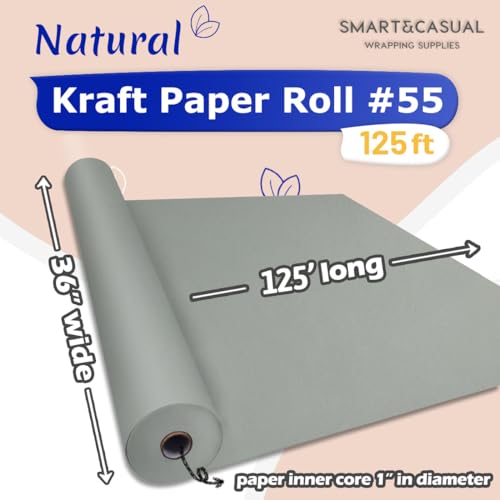 Image of SMART&CASUAL 36 inch x 1,500 inch (125') Light Grey Kraft Craft Paper Roll for Gift Wrapping Bulletin Board Bouquet Flower Art Packing Parcel Table Covering 80GSM 55LB (Light Grey, 36 inch x 125')