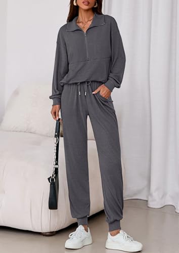 Image of PRETTYGARDEN Women 2 Piece Ribbed Knit Matching Lounge Sets | Comfy Sweat Track Suits, Athleisure Casual Outfit, Half Zip Sweatshirt & Jogger Pants, Fall Winter Clothes for Airport Travel